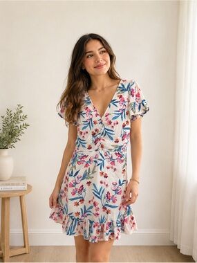 Urban Girl Women’s Floral Ruffle Hem Dress Size M Pink Blue White